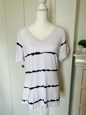 Women's White V-Neck Tee with Black Stripe Detail